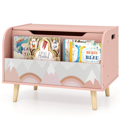 Kids toy storage unit with front bookshelf and four wooden legs, pink