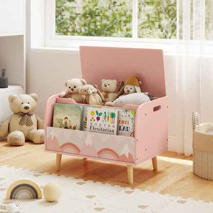 Pink kids toy storage box with bookshelf filled with books and toys in a nursery