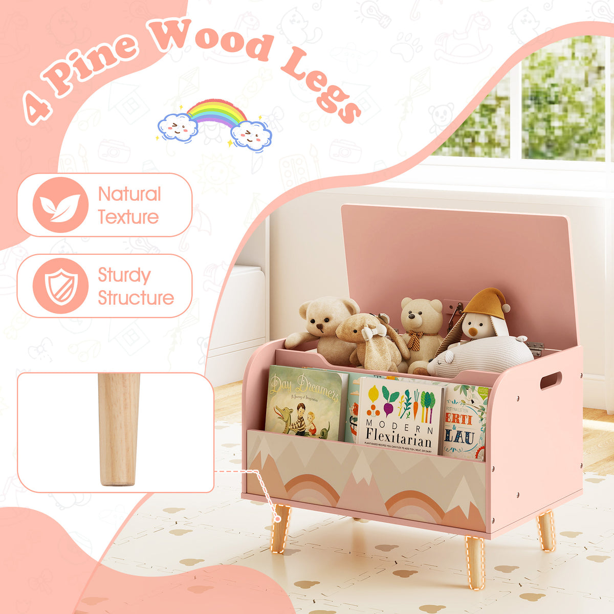 Close up of the four solid wood legs on a pink toy storage unit