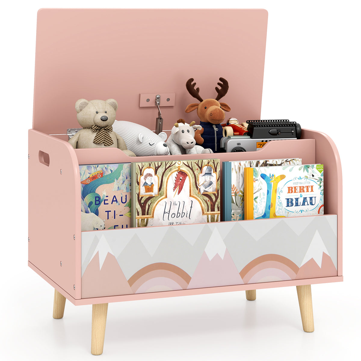 Kids Wooden Toy Box with front bookshelf and four solid wood legs in pink