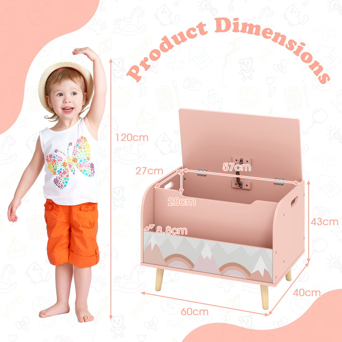 The pink kids toy box with bookshelf has dimensions shown and a child standing next to it