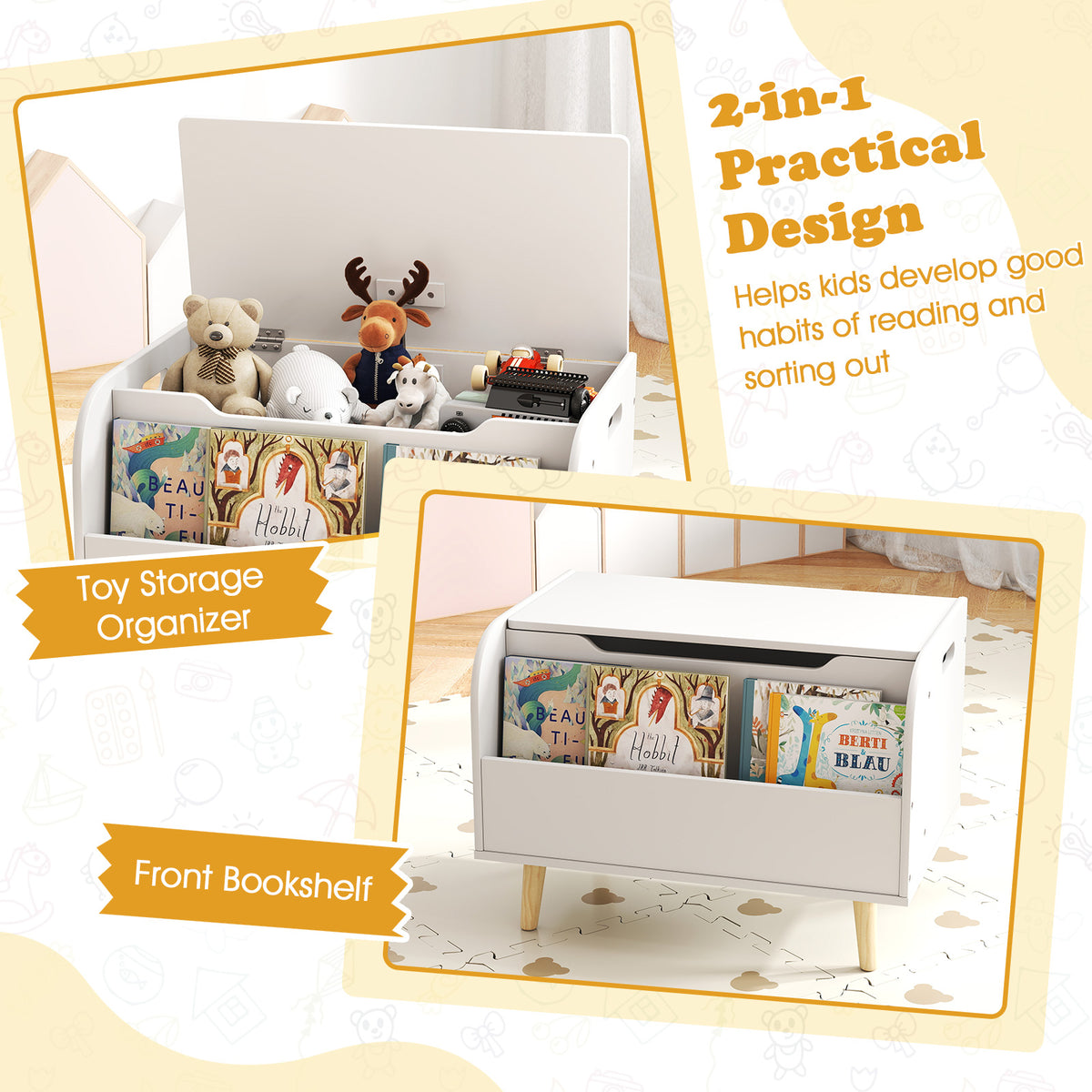 Two views of the white toy storage unit highlighting the internal space and front bookshelf