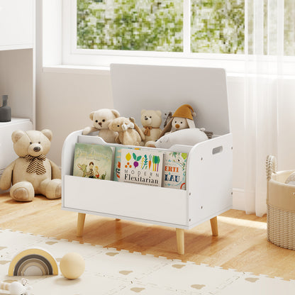 The white toy storage unit with an open lid and front bookshelf filled with books and soft toys