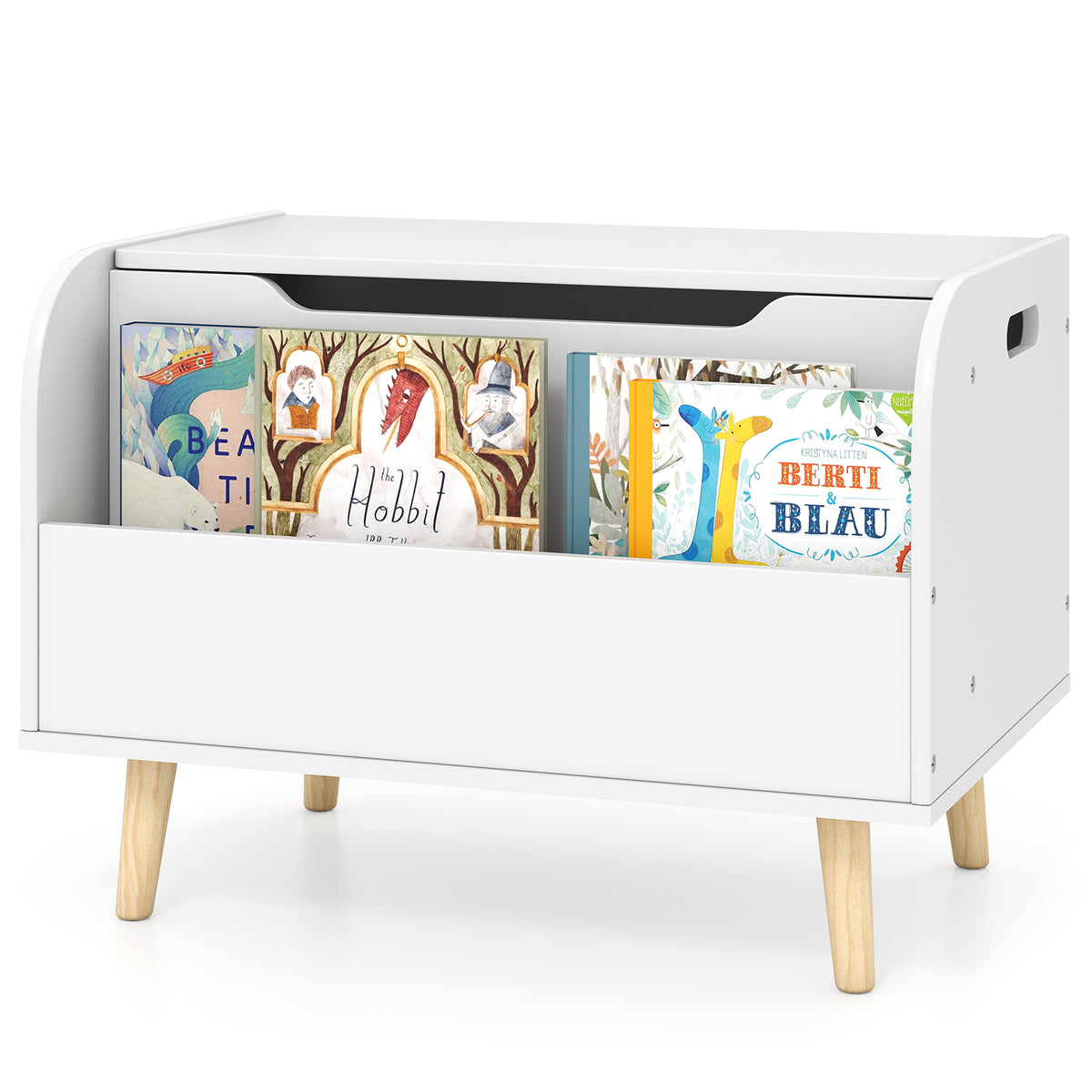 A white wooden toy box with a front bookshelf and four legs