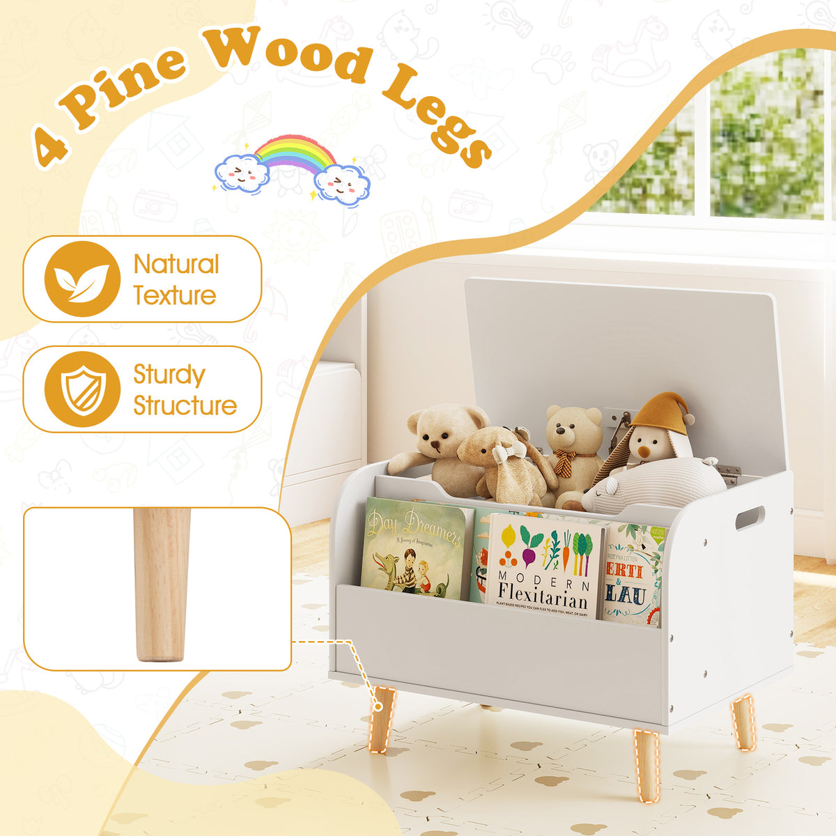 Close up of the four natural texture pine wood legs on the toy storage unit