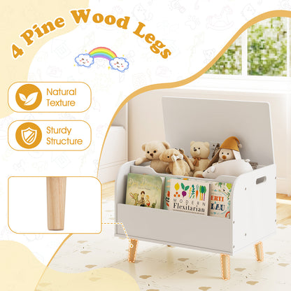 Close up of the four natural texture pine wood legs on the toy storage unit