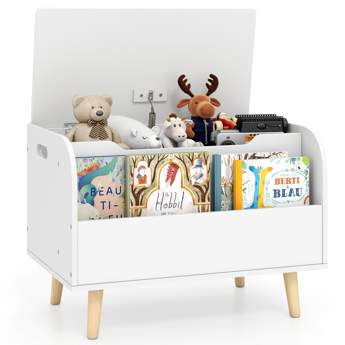Kids Wooden Toy Box with front bookshelf and four solid wood legs