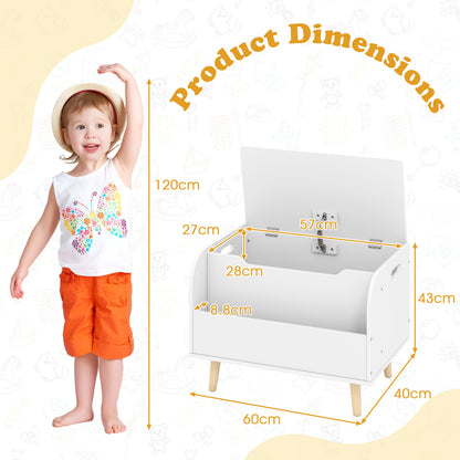 Kids Wooden Toy Box, a child stands next to the toy storage unit to show its dimensions
