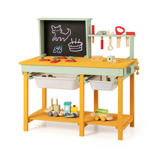 Kids Wooden Toy Workbench with a blackboard, hanging tools, and storage baskets on a bottom shelf