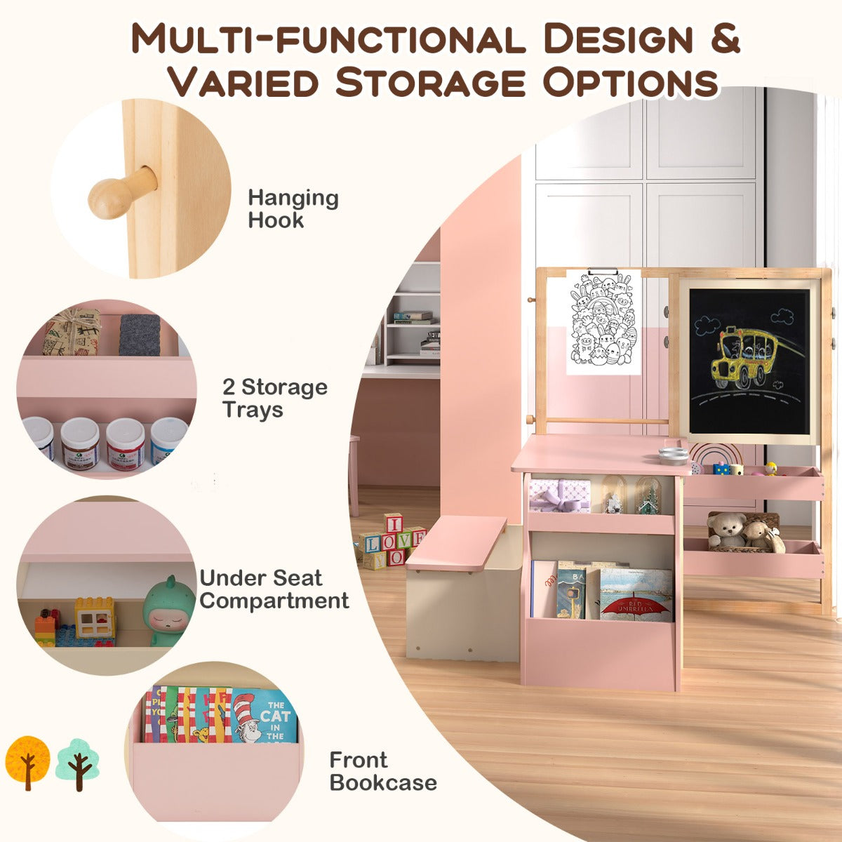 Multi-functional design and varied storage options for the kids table and chair set