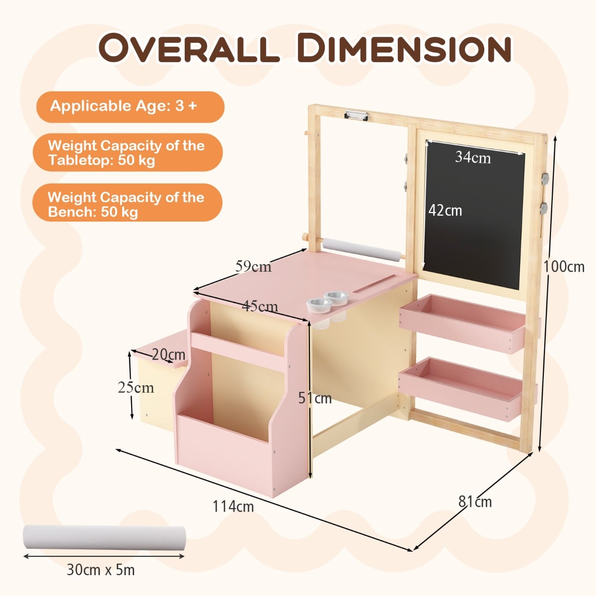 Kids Art Easel Table and Bench Set with Adjustable Easel and Bookshelf-Pink