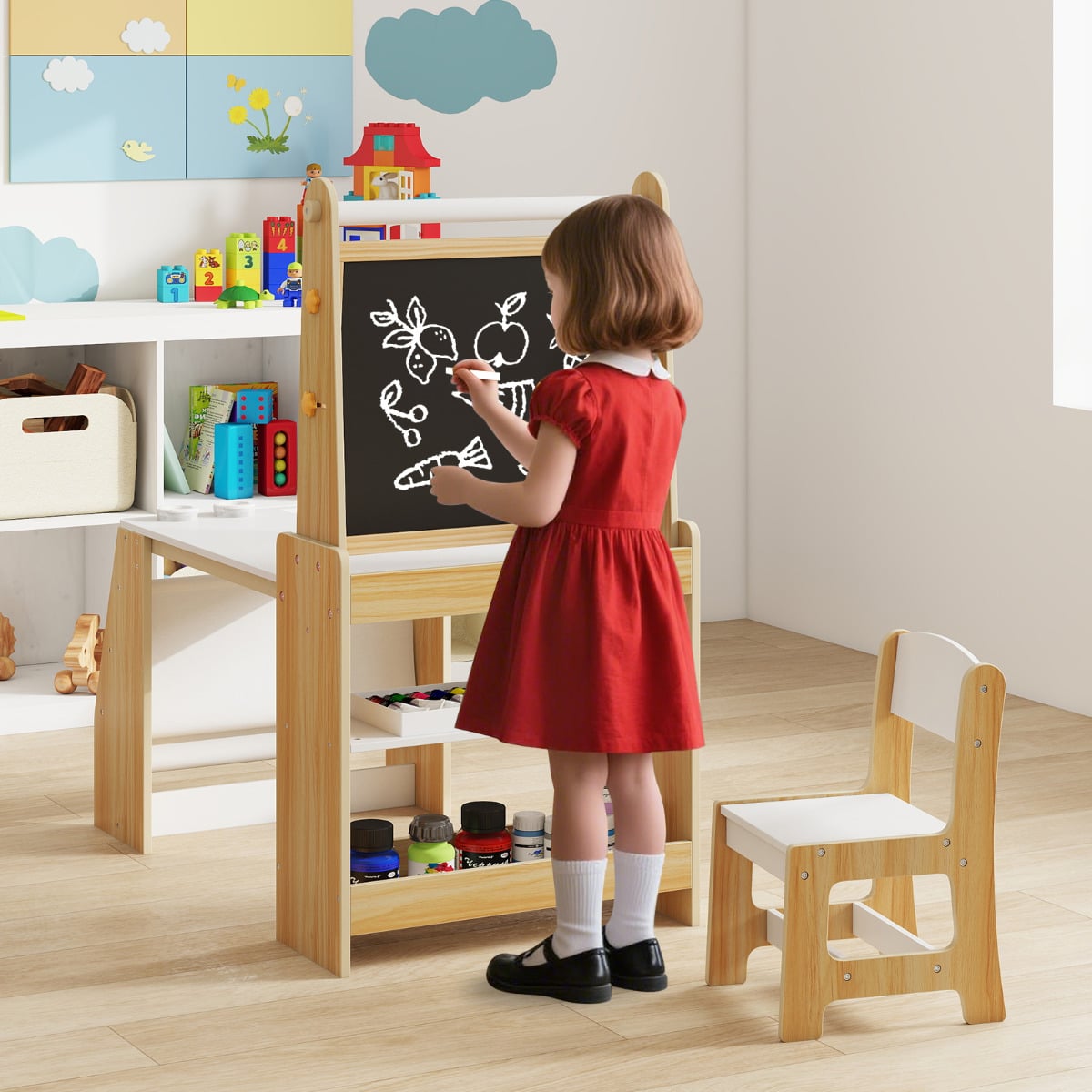 Kids Art Table and Chair Set Multifunctional Kids Activity-Natural