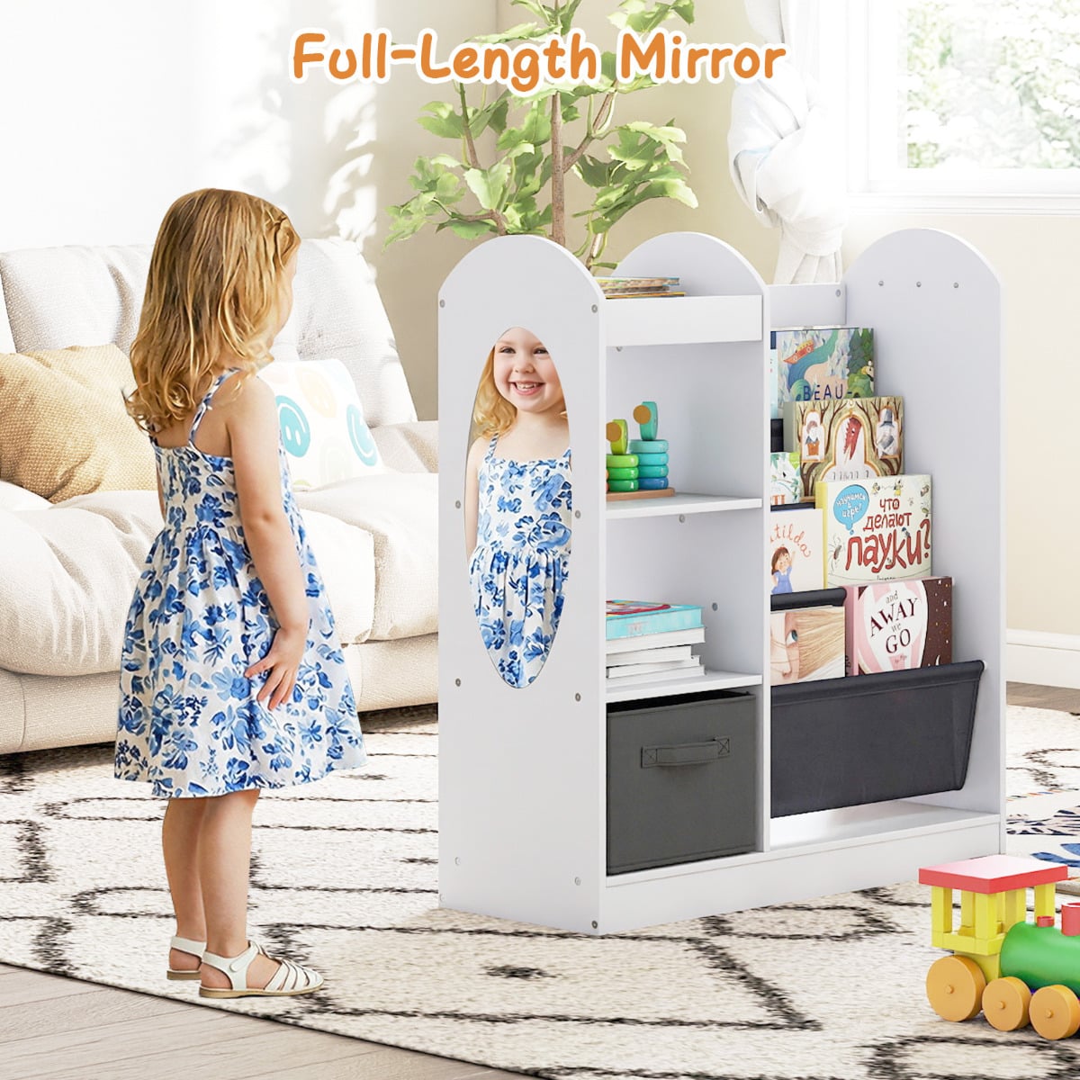 Kids Bookshelf with Full-Length Mirror and 4-Tier Sling Shelves-White