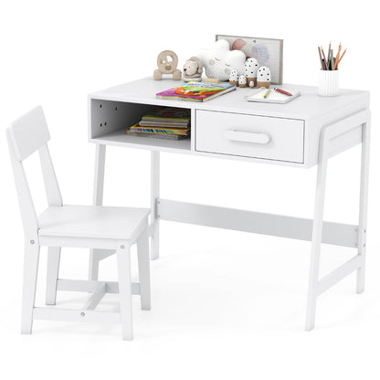 Kids Desk and Chair Set with Drawer and Pine Wood Legs-White