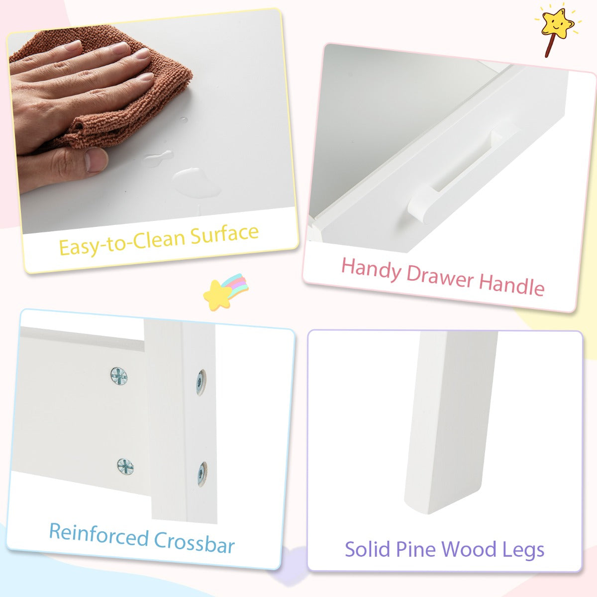 Kids Desk and Chair Set with Drawer and Pine Wood Legs-White