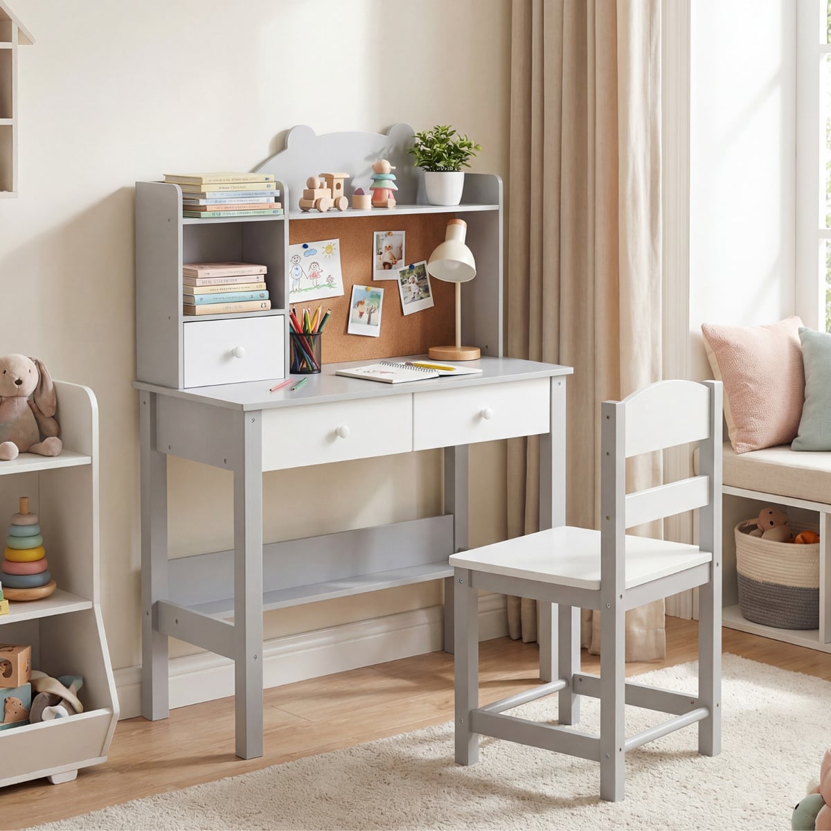 Wooden Kids Study Desk and Chair Set for Kids 3+-Grey