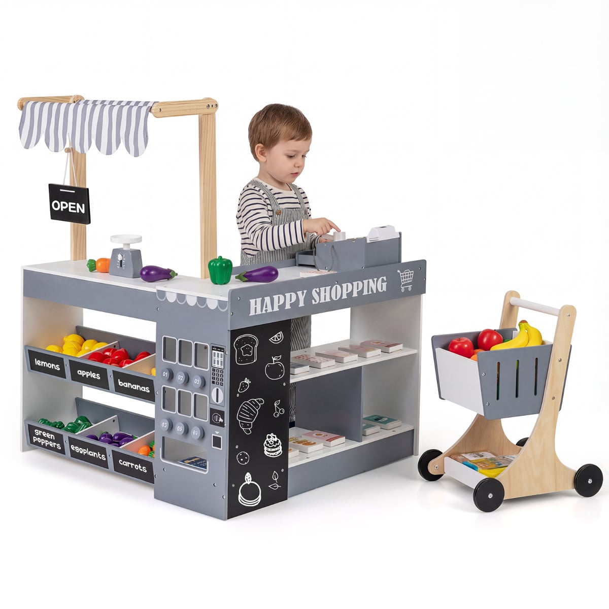 Grocery Wooden Pretend Play Supermarket with Shopping Cart-Gray & White