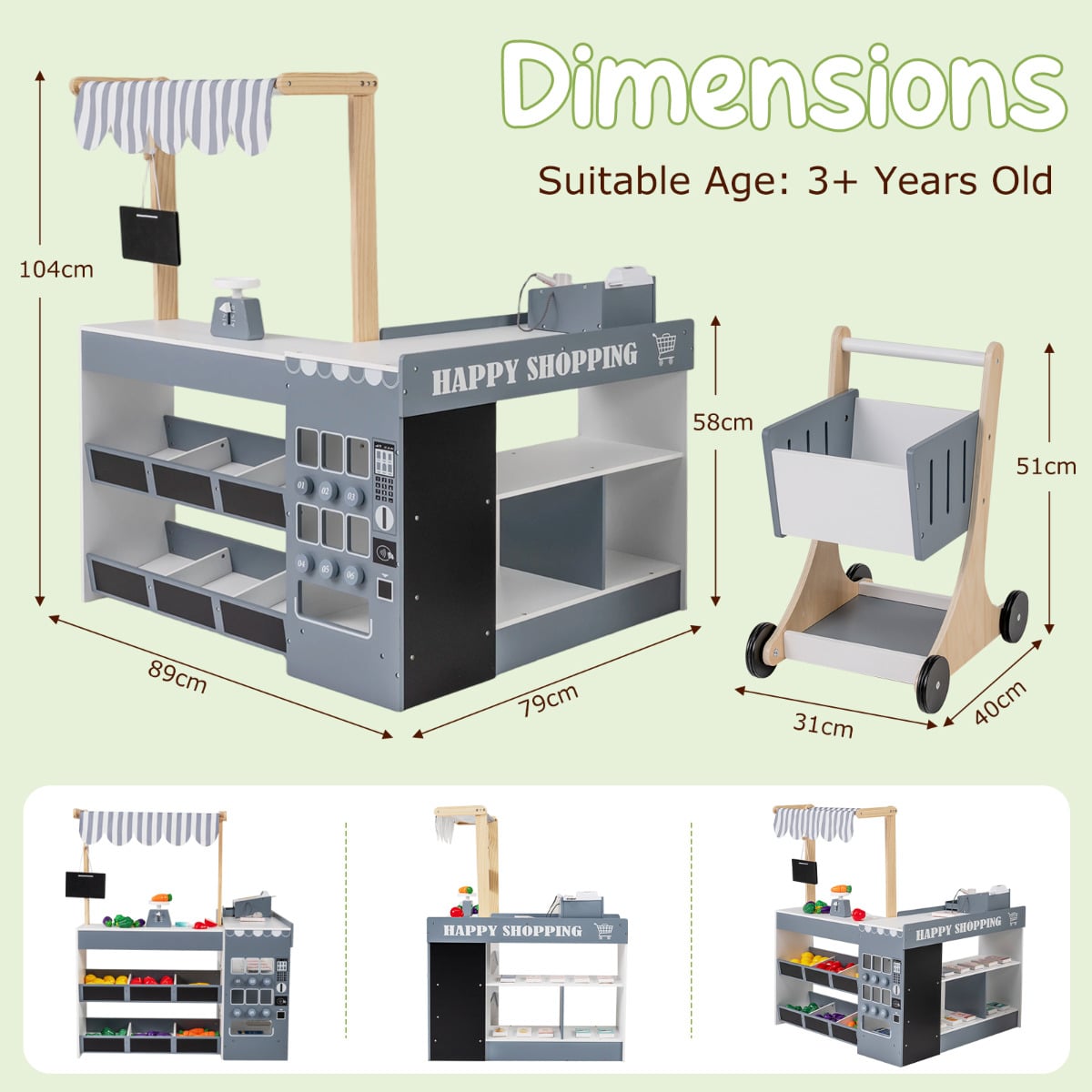 Grocery Wooden Pretend Play Supermarket with Shopping Cart-Gray & White