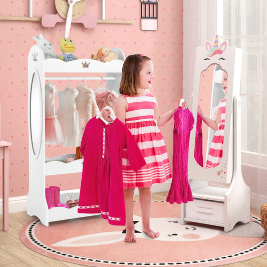 Kids Jewelry Cabinet with Full-Length Mirror and Foldable Drawer in White