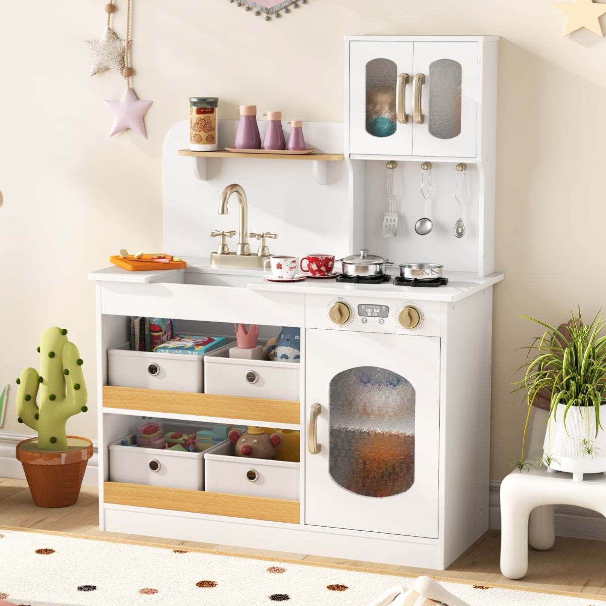 Kids Kitchen Playset Toy Play Kitchen with 4 Fabric Drawers for 3+ Years Old-White