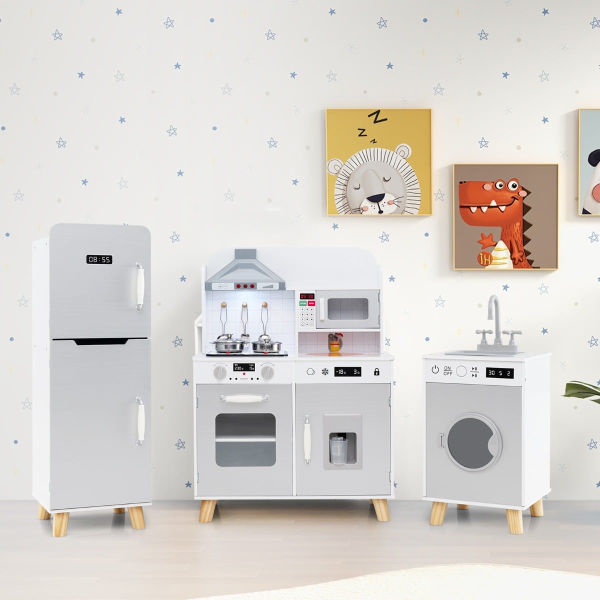 Kids Kitchen Playset with Refrigerator and Washing Machine-Grey