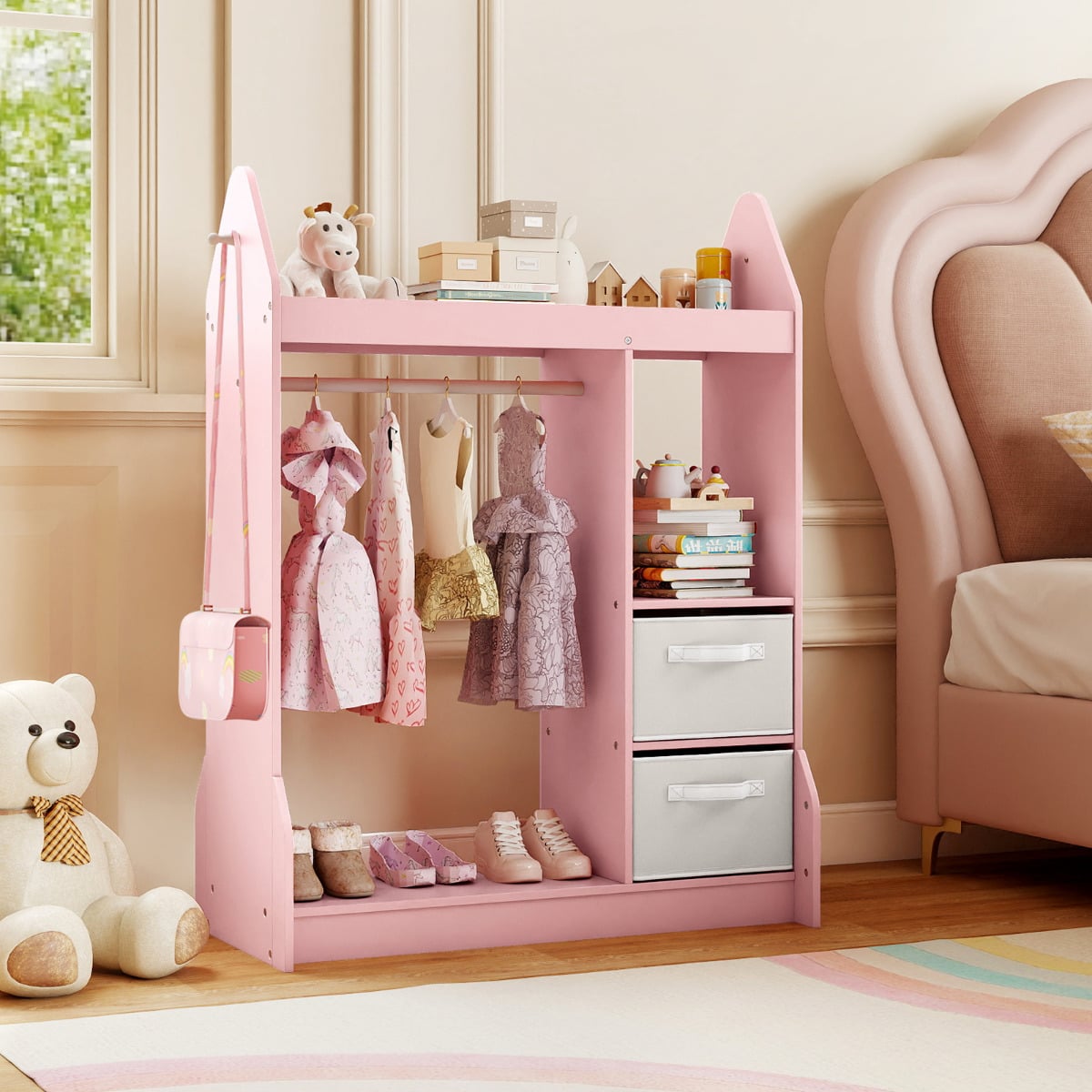 Kids Play Armoire Dresser with Acrylic Mirror Cloth Hanger-Pink
