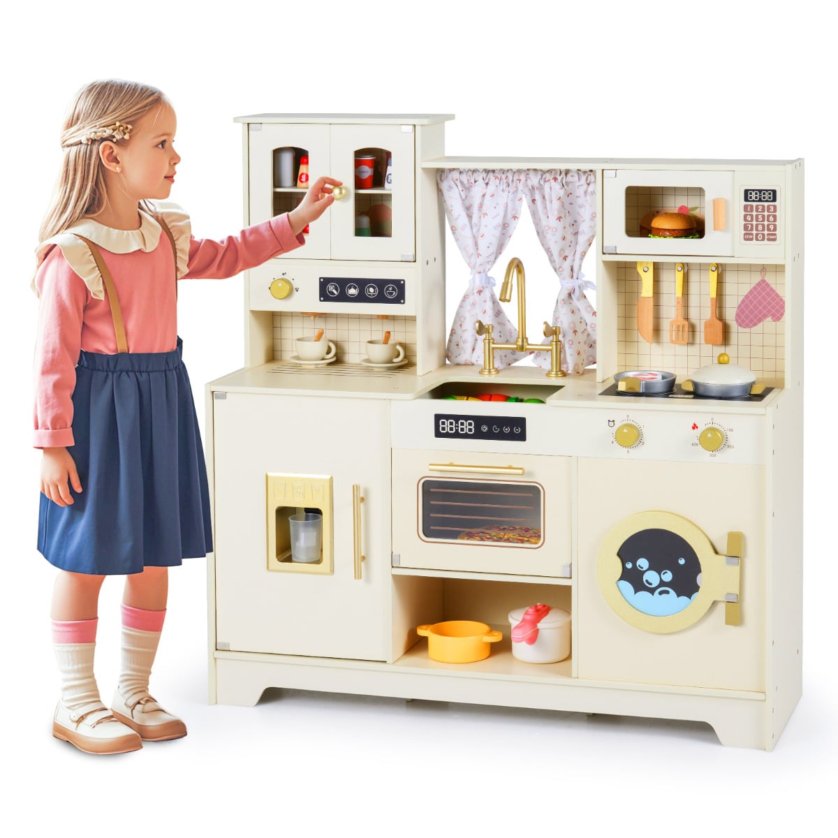 Kids Pretend Toy Kitchen Playset with Stoves Faucet-Beige