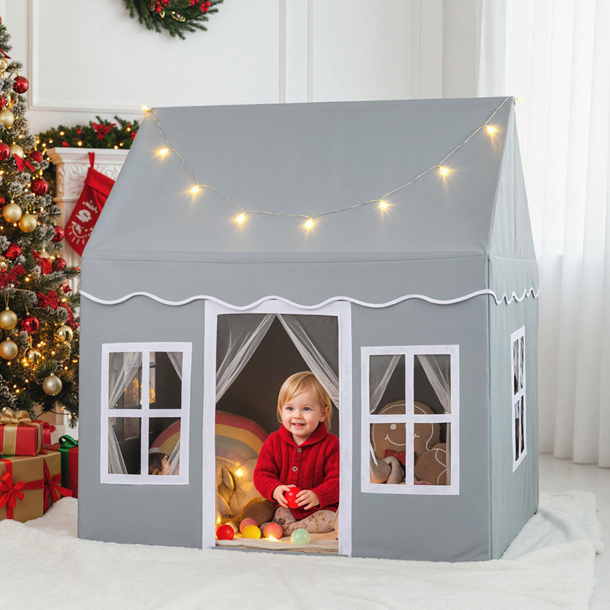 Kids Play Tent with Star Lights and Non-slip Mat in Grey