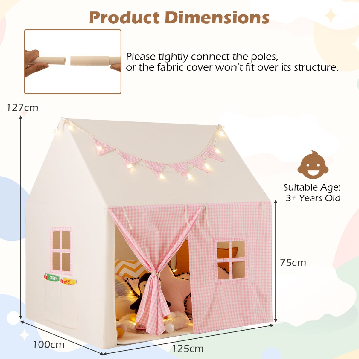 Kids Play Tent with Padded Mat for Children Aged 3-8 Years Old-Pink