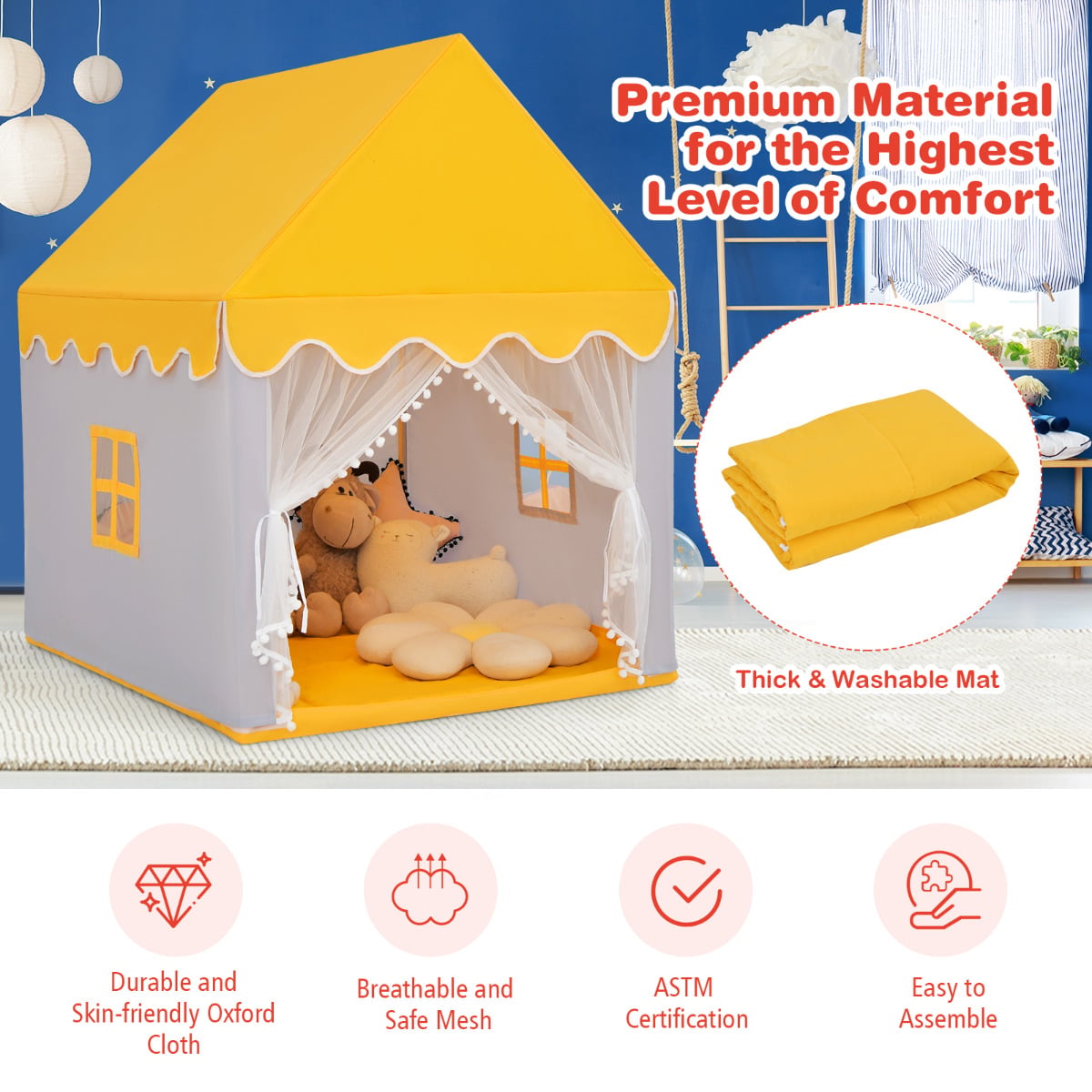 Kids Play Tent with Padded Mat Indoor Playhouse-Yellow
