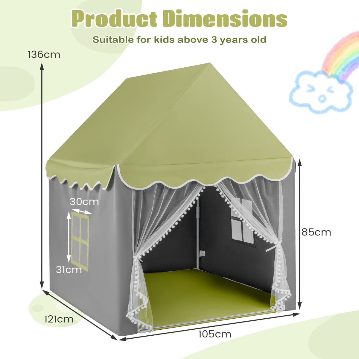 Large Kids Play House with Washable Mat and Star Lights-Light Green