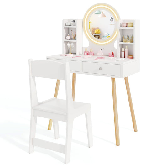 Kids Princess Vanity Desk Set with a round mirror and a matching chair on a plain white background