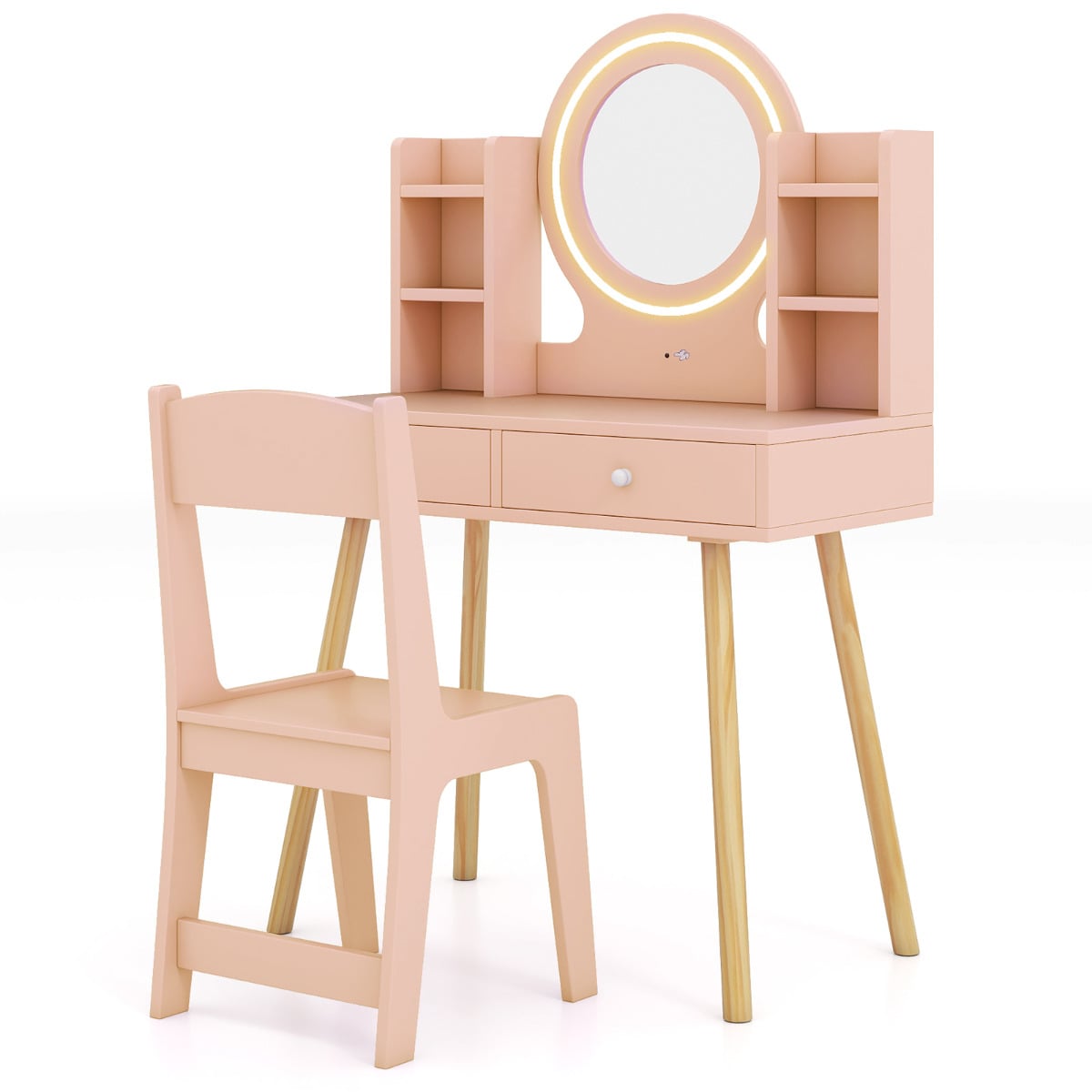 Kids Princess Vanity Desk Set with 2-Color LED Lighted Acrylic Mirror-Light Pink