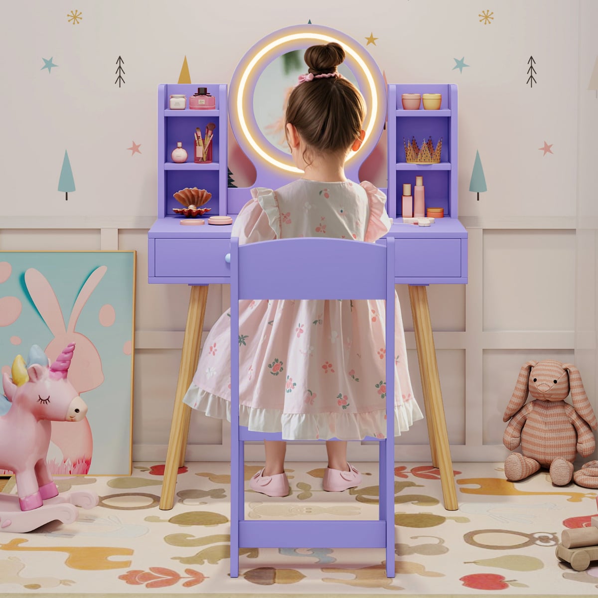 Kids Princess Vanity Desk Set with 2-Color LED Lighted Acrylic Mirror-Purple