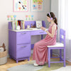 Kid's Study Desk and Chair Set with Deep Drawer and Enclosed Cabinets-Purple