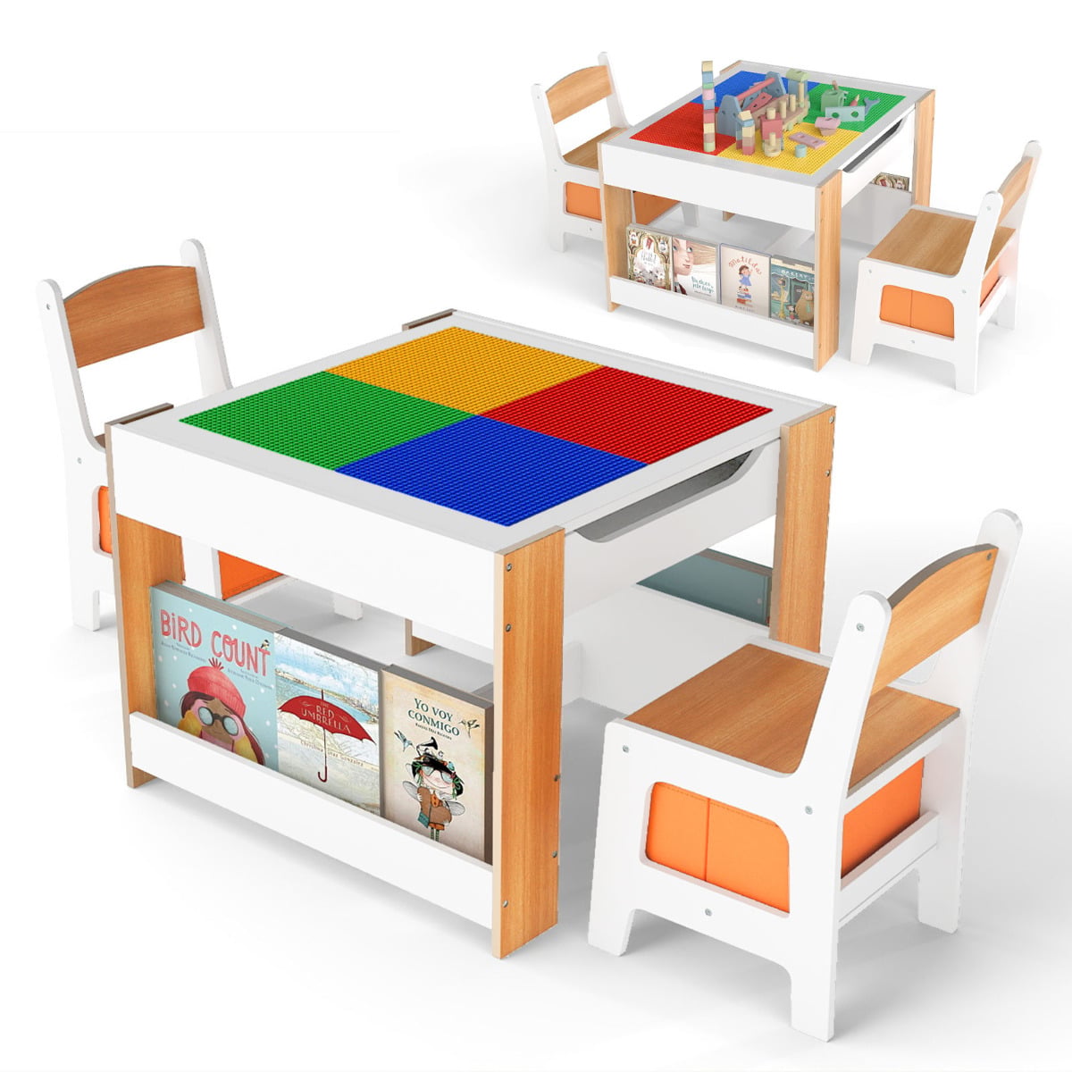Kids Table and 2 Chairs Set Multifunctional Activity Table with Reversible Tabletop-Natural
