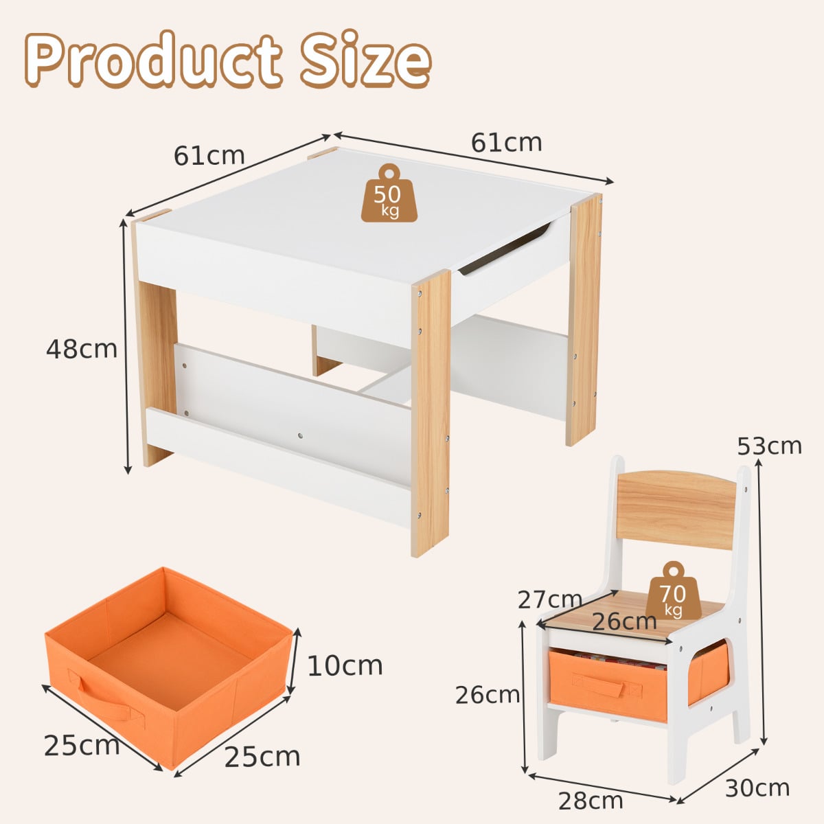 Kids Table and 2 Chairs Set Multifunctional Activity Table with Reversible Tabletop-Natural