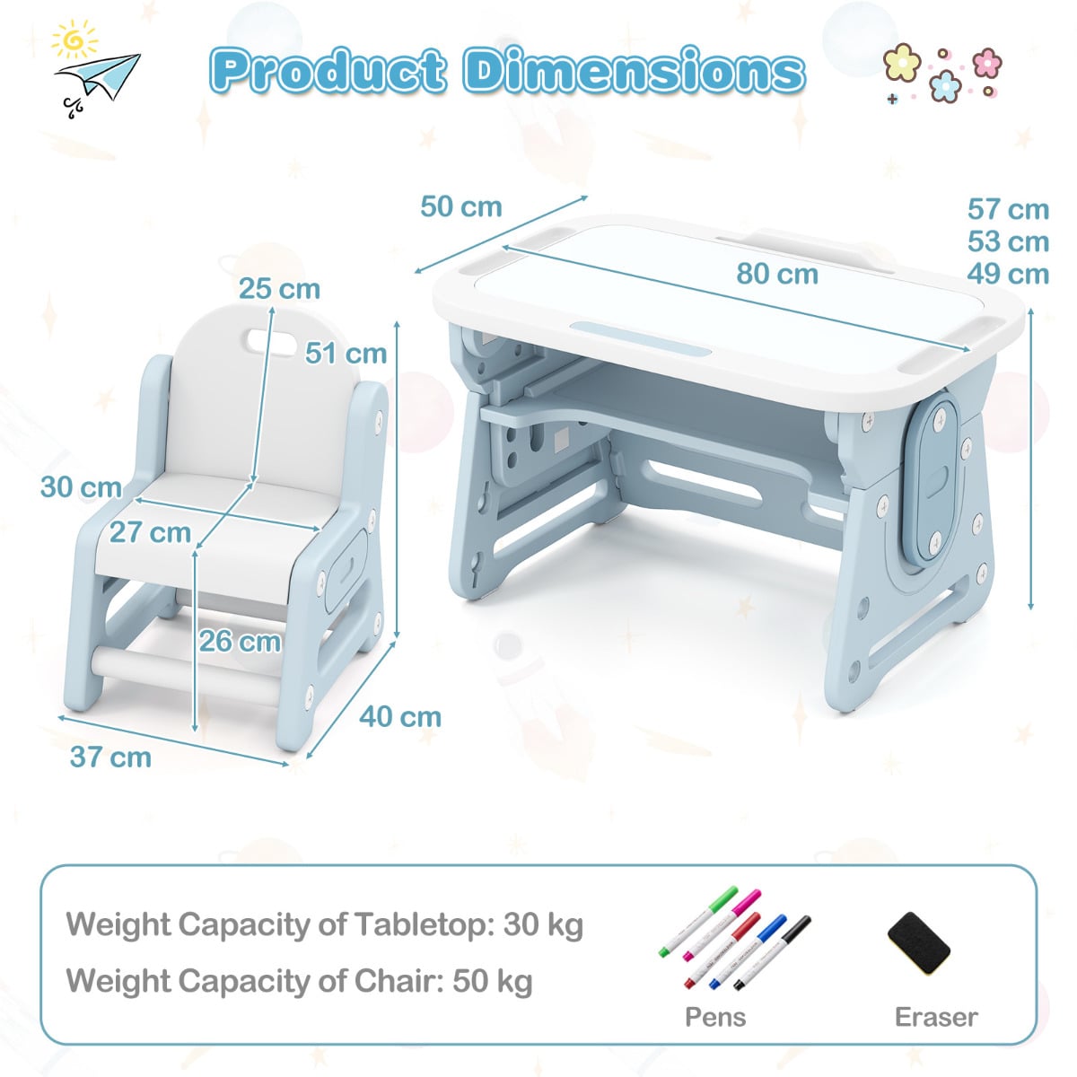 Kids Table and Chair Set with Tiltable Whiteboard and Book Stand-Blue