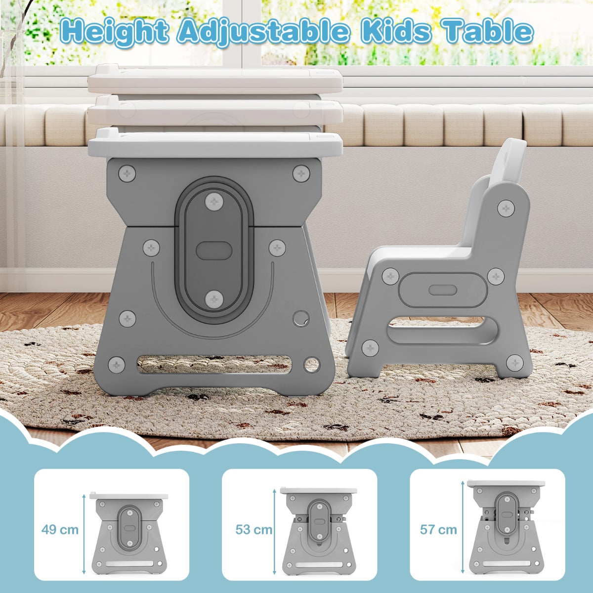 Kids Table and Chair Set with Tiltable Whiteboard and Book Stand-Grey