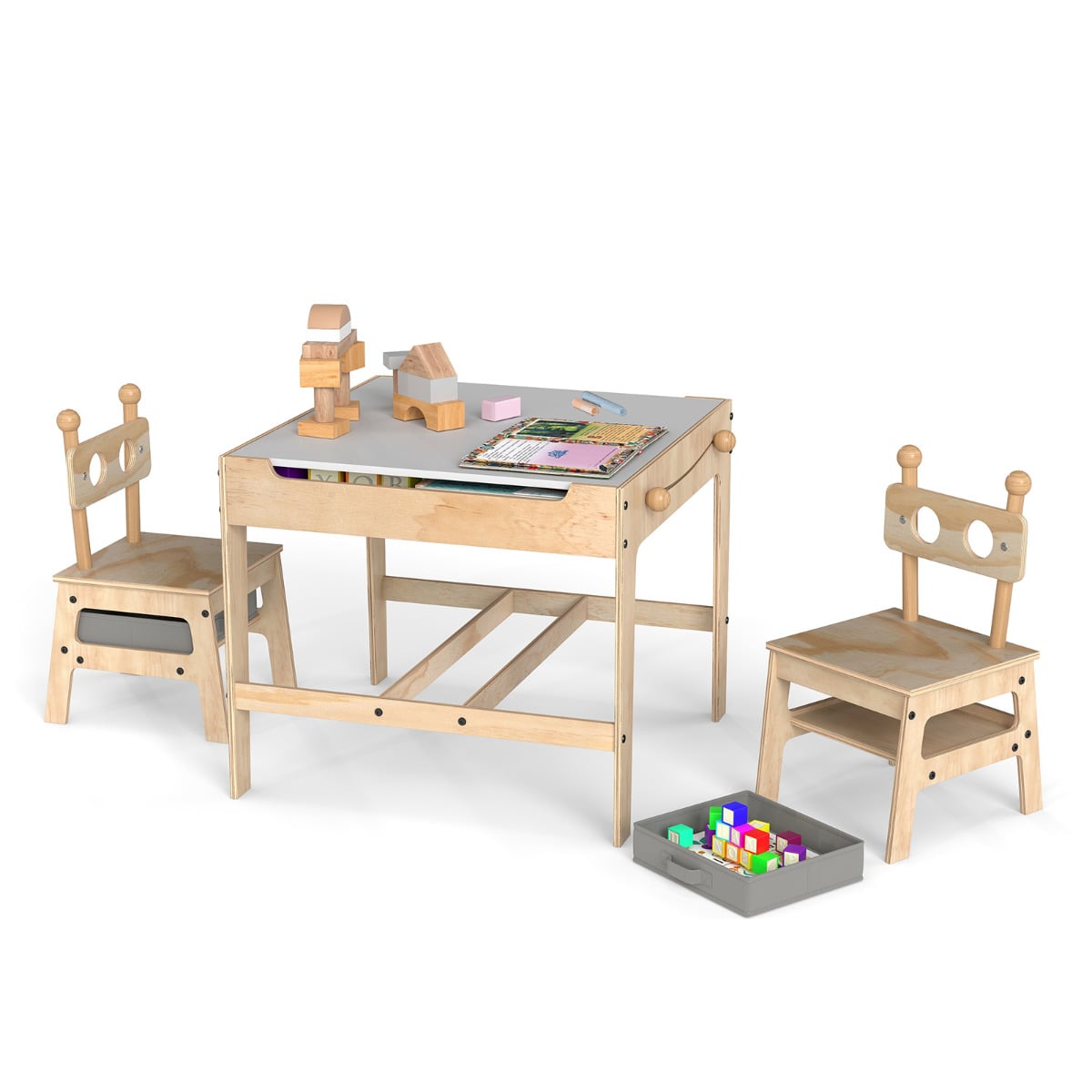 Kids Table and Chairs 4 in 1 Wooden Activity Desk Set (Bear Shape)-Grey
