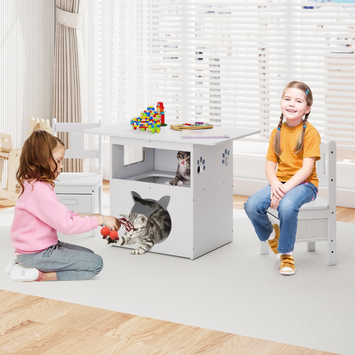 Kids Table and Chairs Set 3 Pieces Wooden Children Furniture with Cat House-White