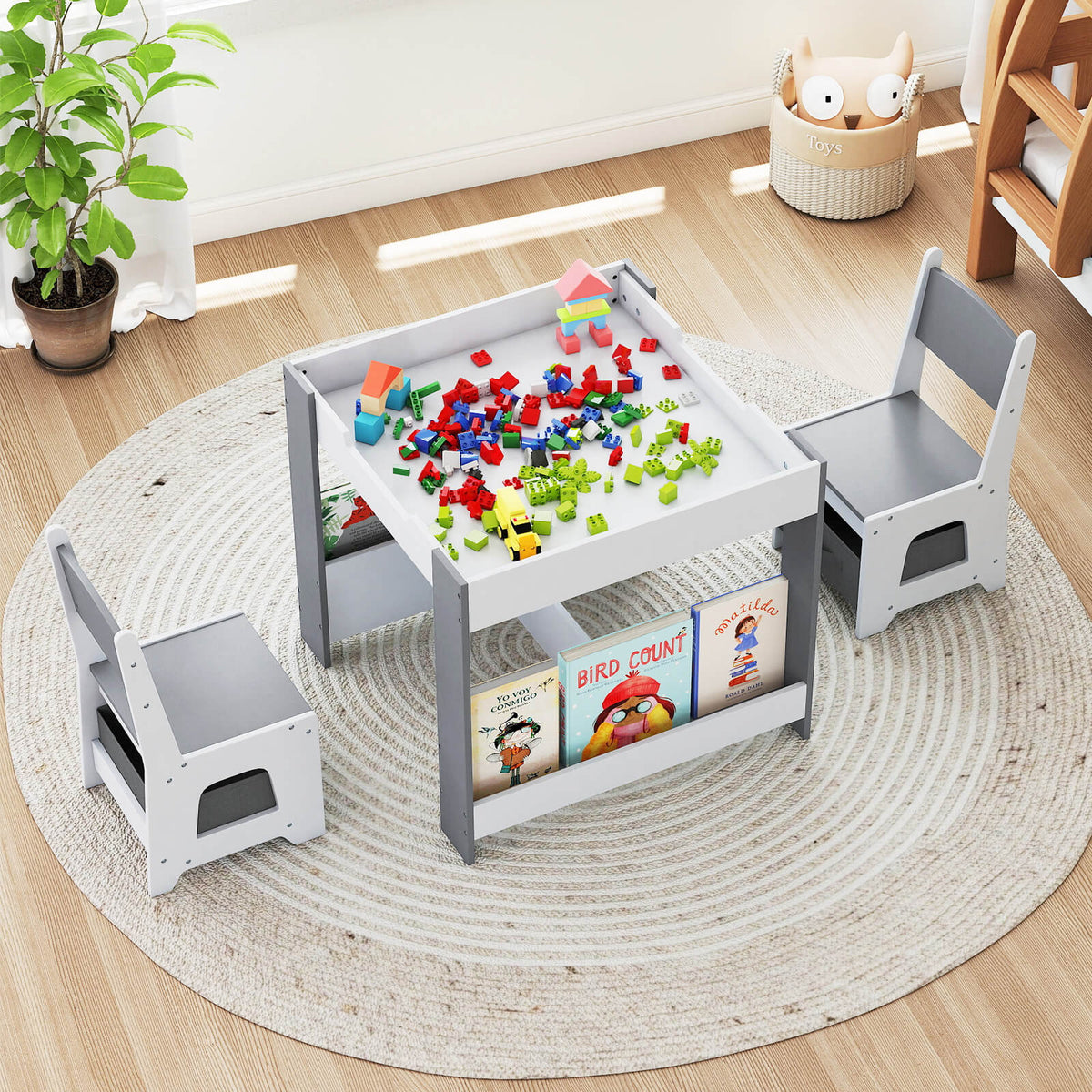 Kids Table and Chairs Set Toddler Wooden Activity Desk-Grey