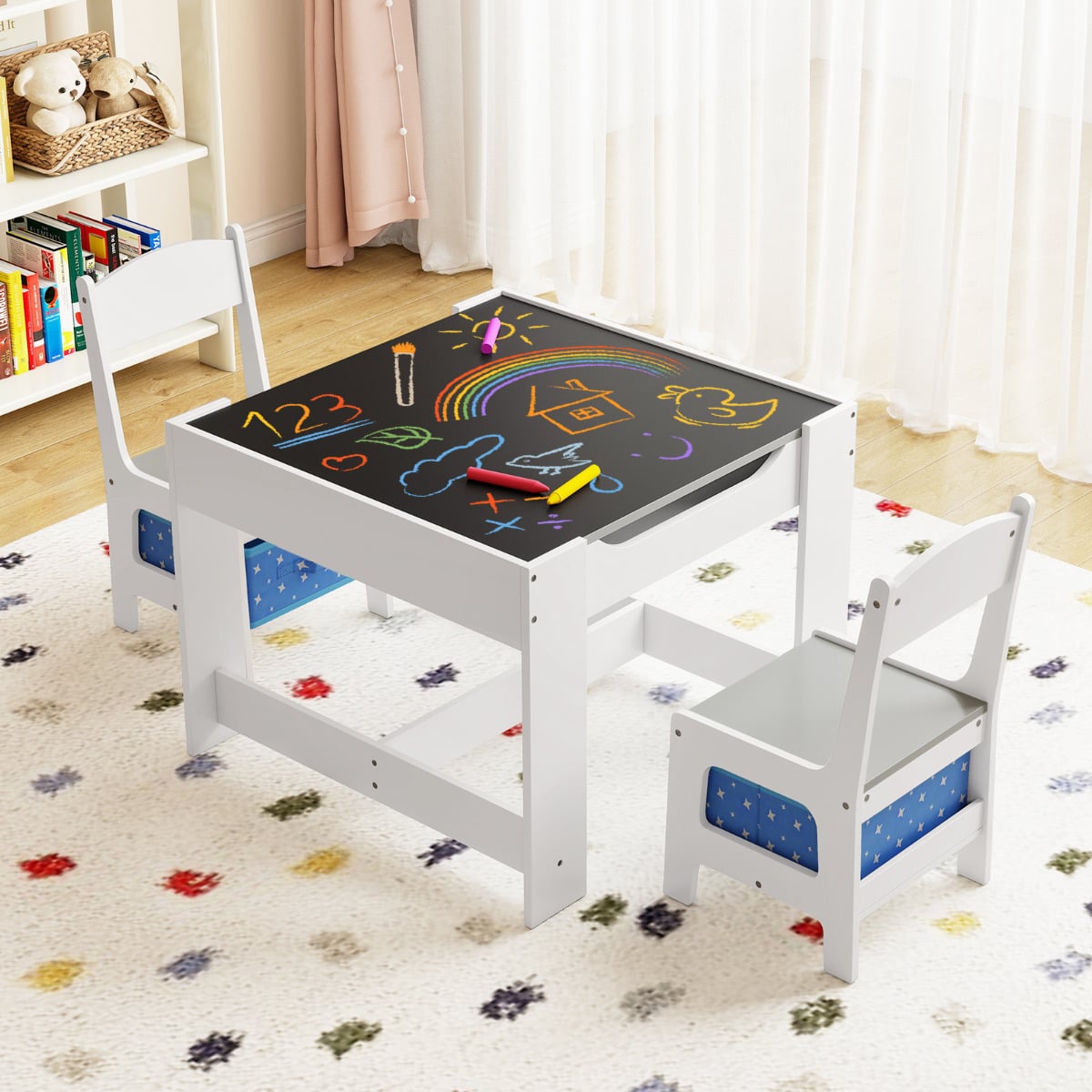 Kids Table Chair Set with Double Side Tabletop Table and Storage Box-Navy