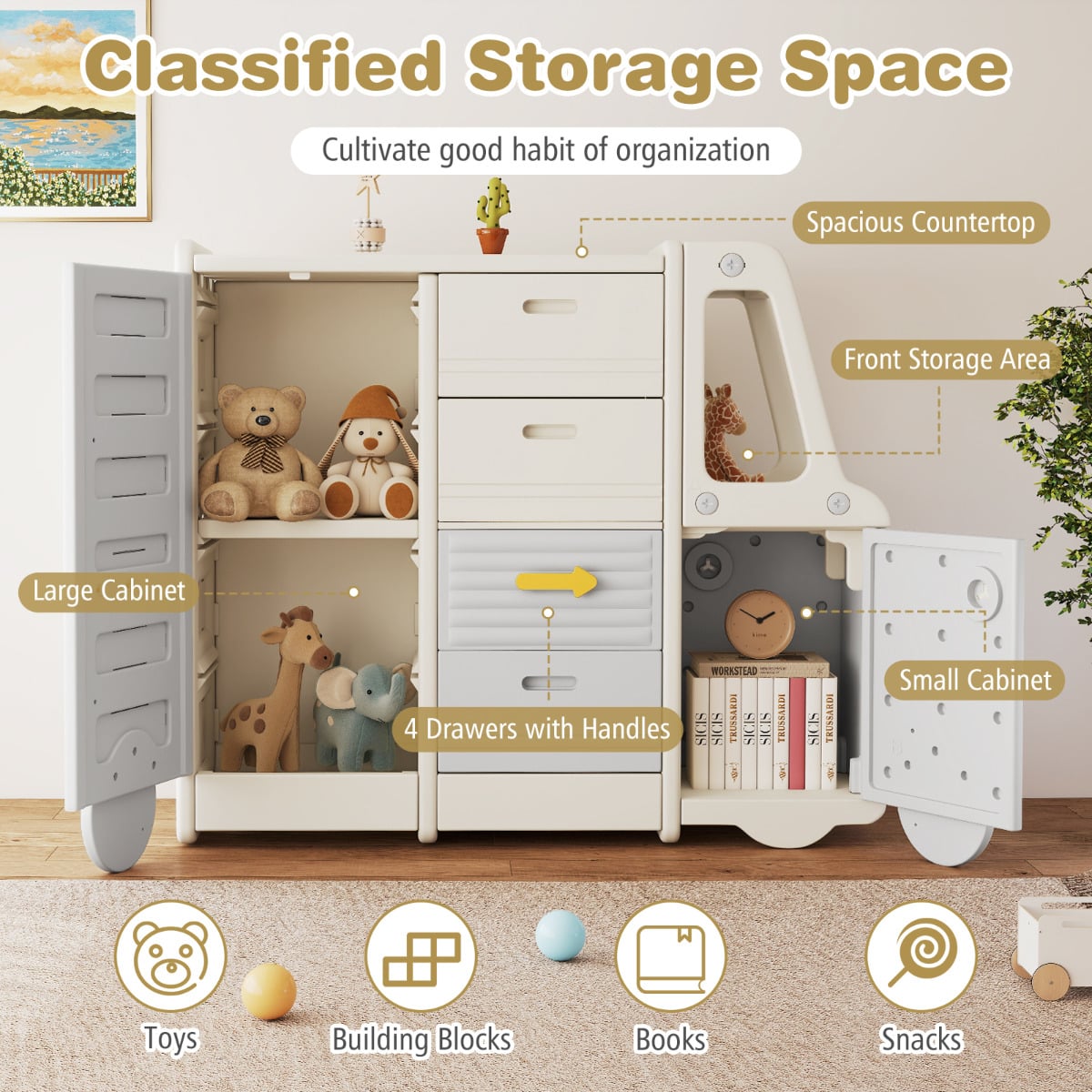 Kids Toy Storage Organizer with 4 Pull-out Drawers-Grey