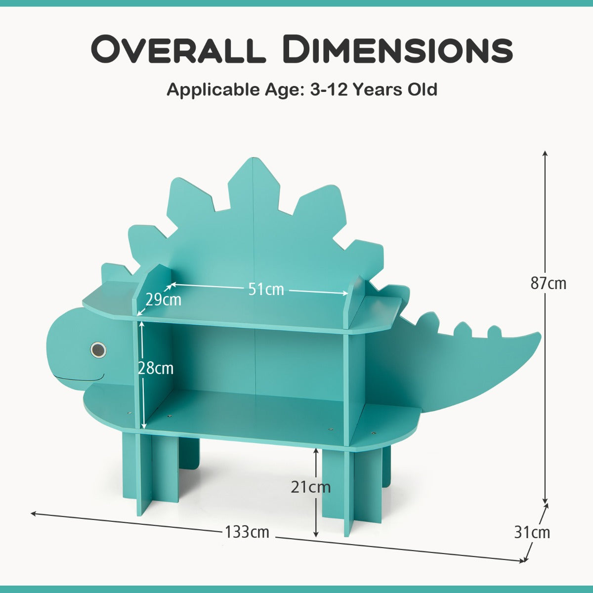 The kids storage unit shown with arrows indicating its overall dimensions and height