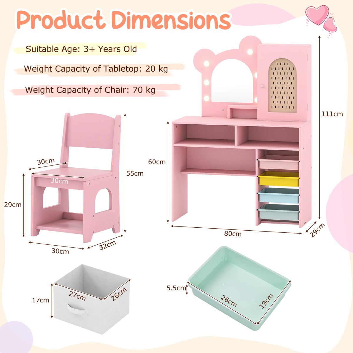Kids Vanity with Lights Princess Vanity Table and Chair Set with 5 Drawers and 2 Compartments-Pink