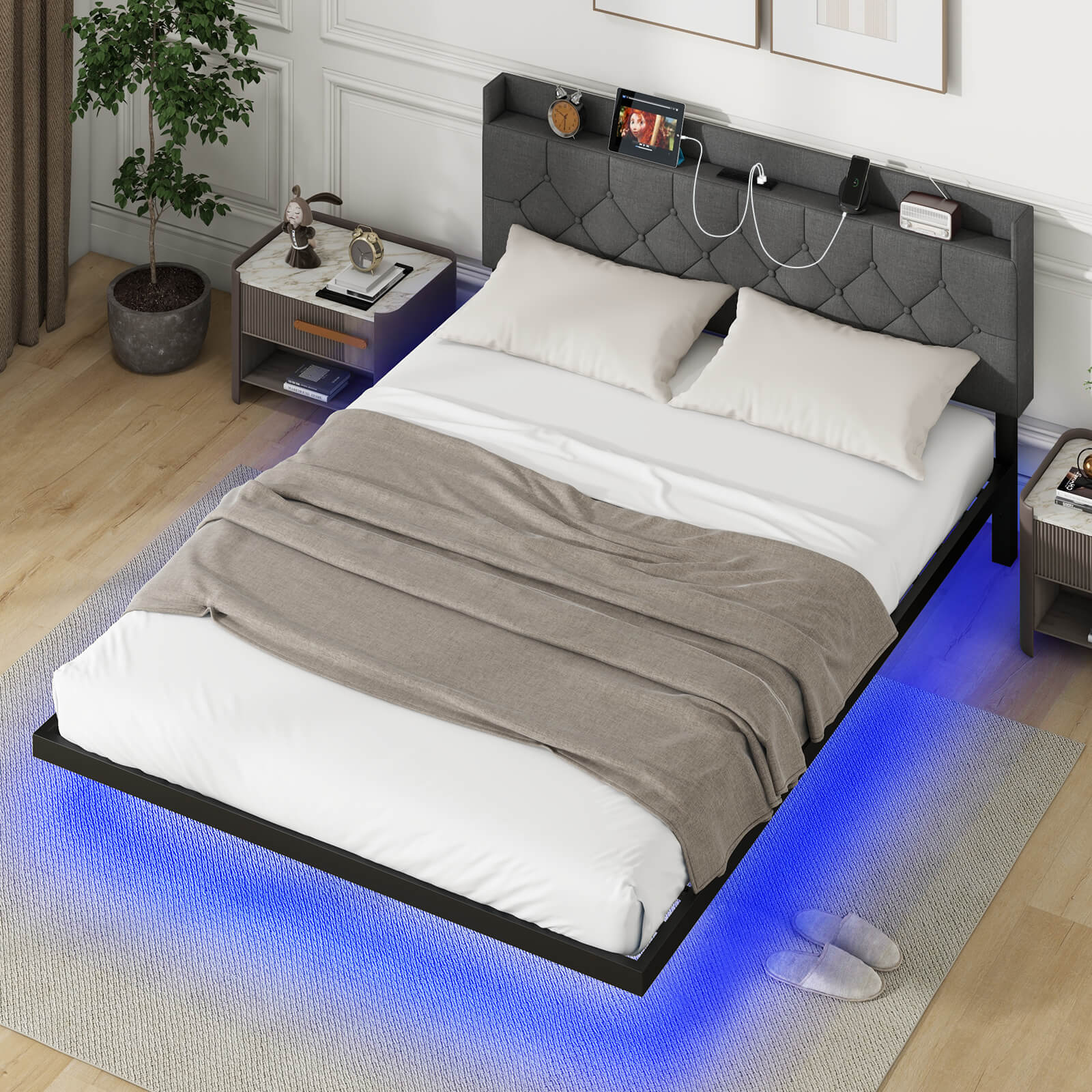 Double/King Size Floating Bed Frame with Adjustable Headboard and Charging Station-Grey-King Size