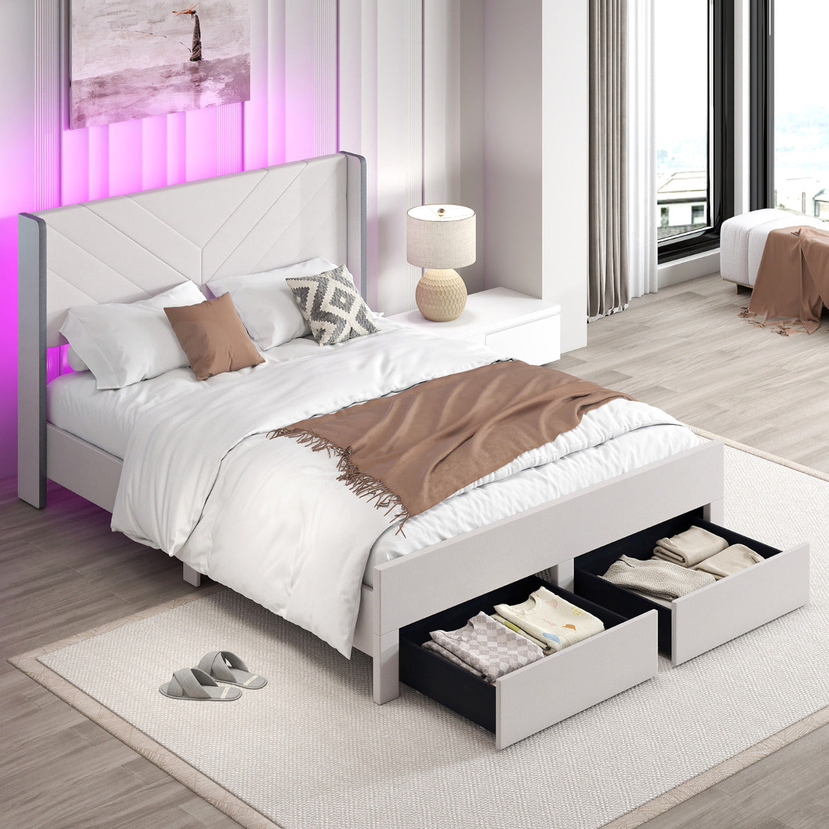 King Size Bed Frame with LED Lights Dutch Velvet Upholstered Platform Bed-Beige