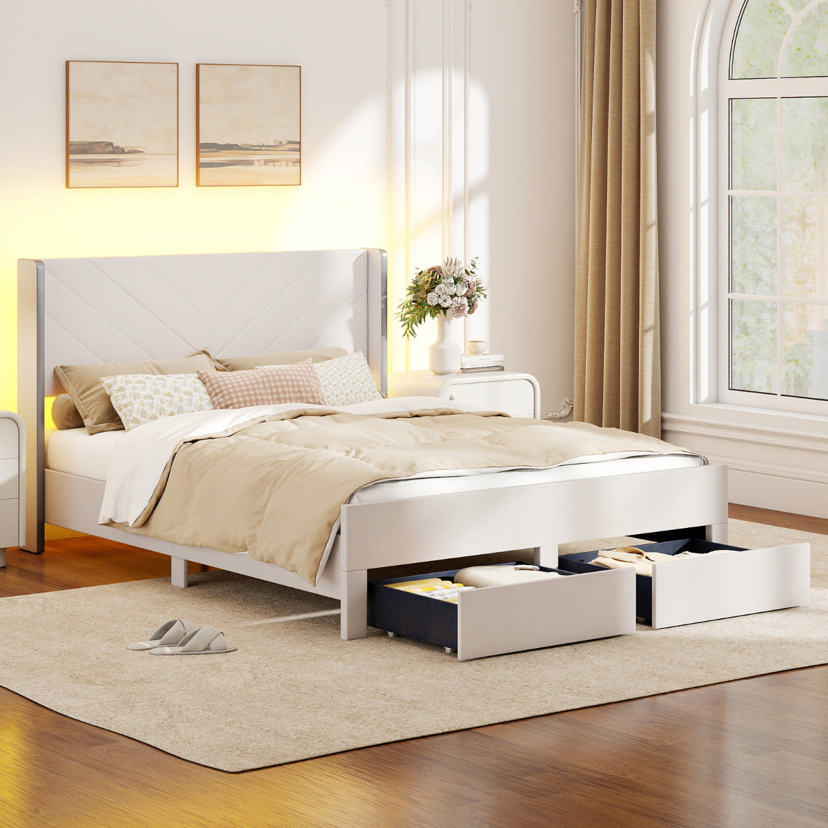 King Size Bed Frame with LED Lights Dutch Velvet Upholstered Platform Bed-Beige