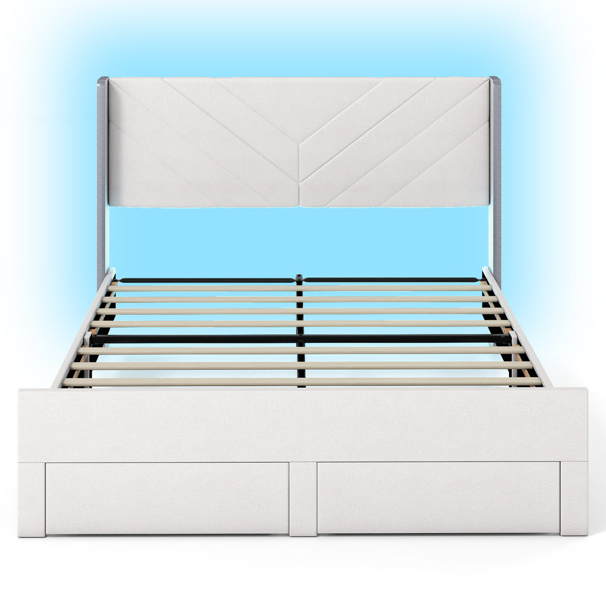 King Size Bed Frame with LED Lights Dutch Velvet Upholstered Platform Bed-Beige